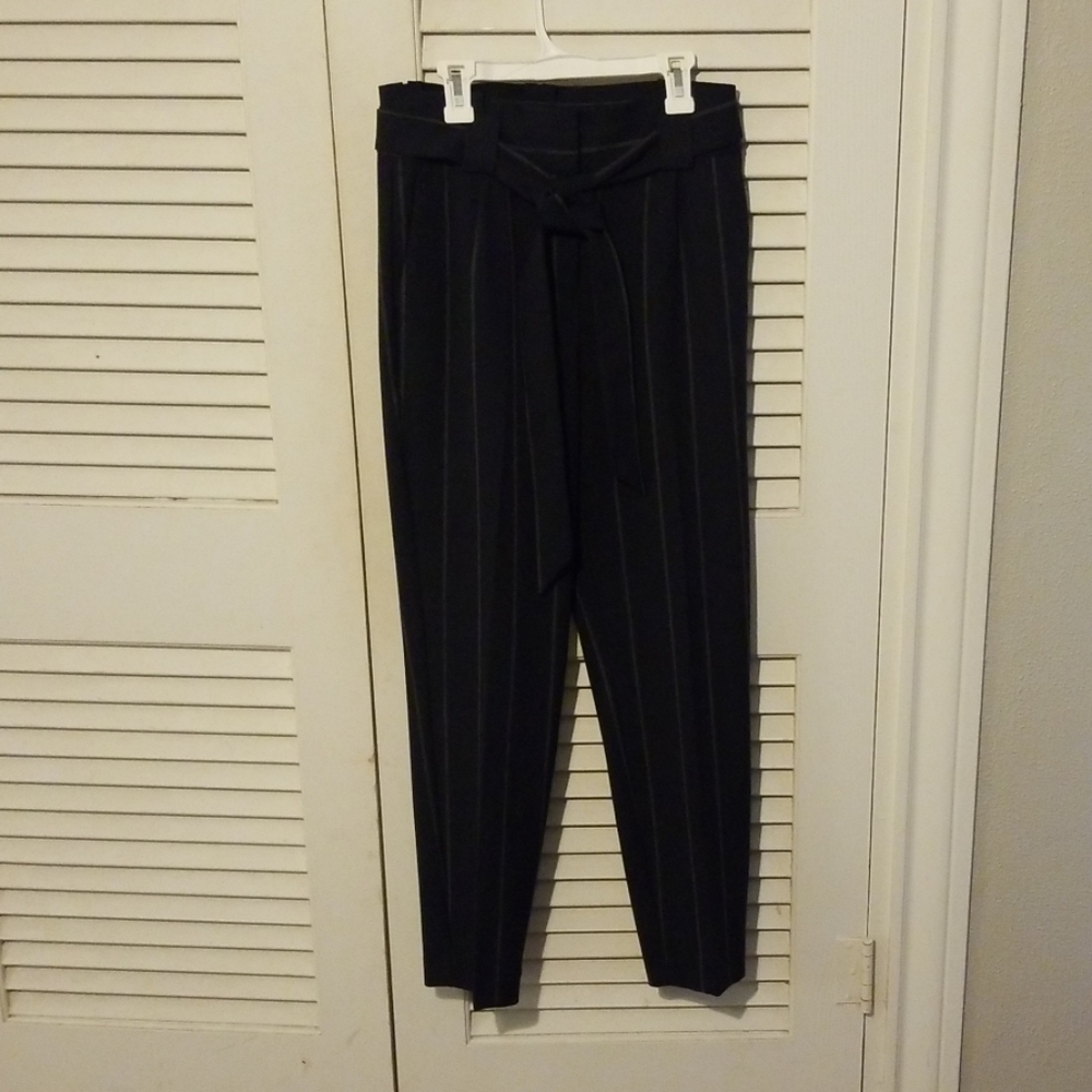 Express navy blue paper bag pants with tie belt